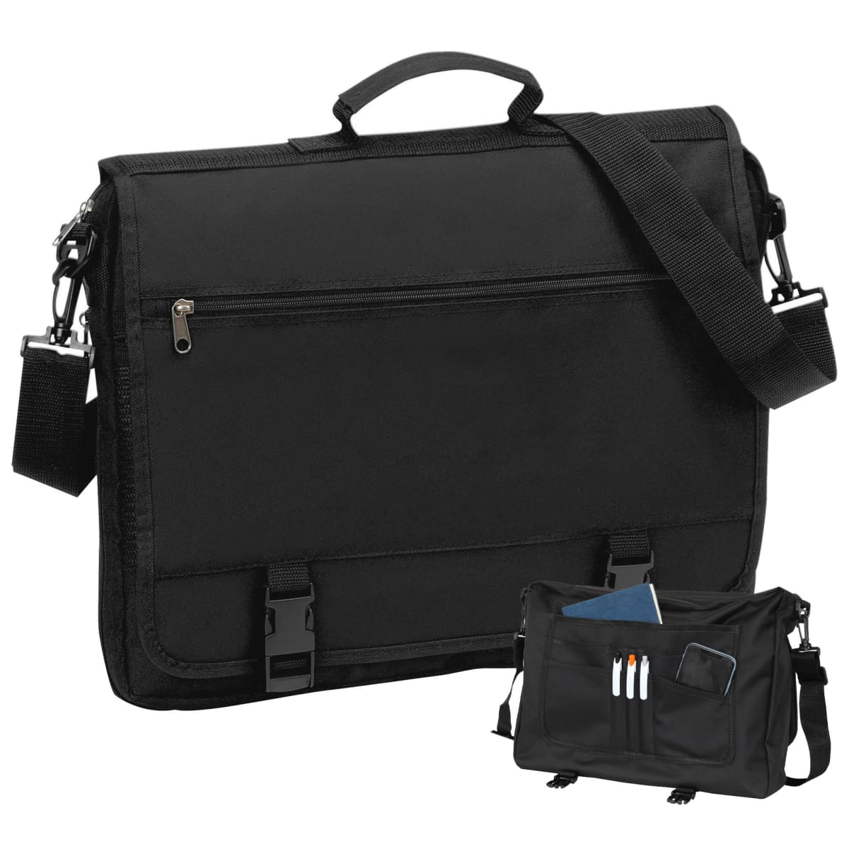 Black messenger bag with handle and strap, shown open with pens and a notebook inside.