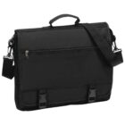 A black messenger bag with a handle, shoulder strap, and front zipper pocket.