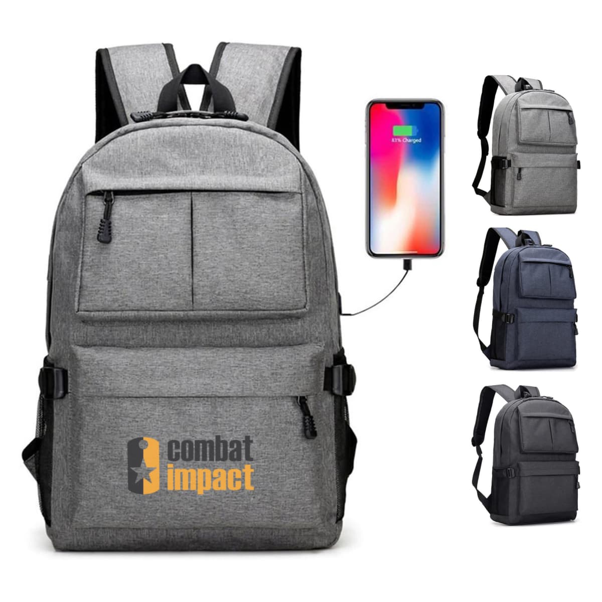A set of four backpacks in gray and black, with external USB ports. The foreground features a gray backpack with combat impact printed in orange. A smartphone is shown connected to the USB port for charging.
