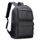 A sleek, dark gray backpack with multiple compartments and adjustable shoulder straps. The design includes a large front pocket with a zipper, accentuating its modern and functional style.