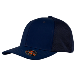 A blue promotional cap with a mesh back and a sticker on the brim.