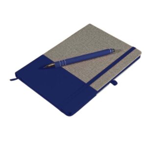 A closed notebook with a blue and gray cover, topped with a pen, perfect promotional products.