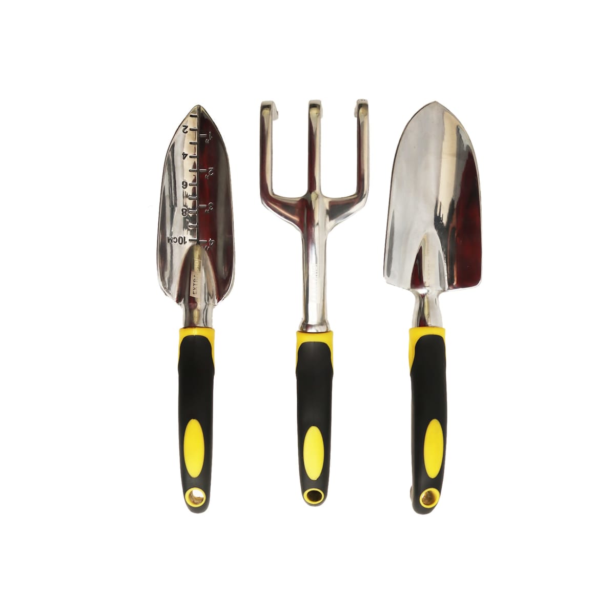 Three gardening tools: trowel, hand rake, and transplanter with black and yellow handles.