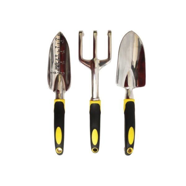 Three gardening tools: trowel with measurements, cultivator, and shovel on white background.