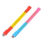 Two colorful USB flash drives with text and phone number printed on them.