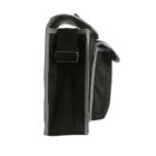 Side view of a black and gray messenger bag with a buckled strap.