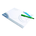 A4 Notepad with lined paper and two pens: green and light blue on top.