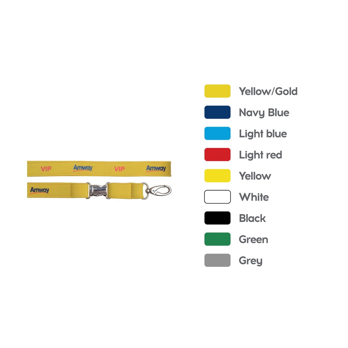 A yellow lanyard with the words VIP and Amway is displayed next to a color chart. The chart shows swatches with labels: Yellow/Gold, Navy Blue, Light Blue, Light Red, Yellow, White, Black, Green, and Grey.