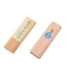 Two wooden USB flash drives, each with a different logo.