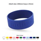 Blue silicone wristband with embossed text, shown above a color selection guide.