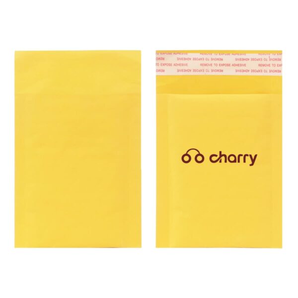 Two yellow padded envelopes, one blank and one with the charry logo.