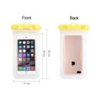 Smartphone in a transparent waterproof pouch showing front and back views with dimensions.