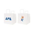 Two white shopping bags with blue logo APE and abstract flame design.