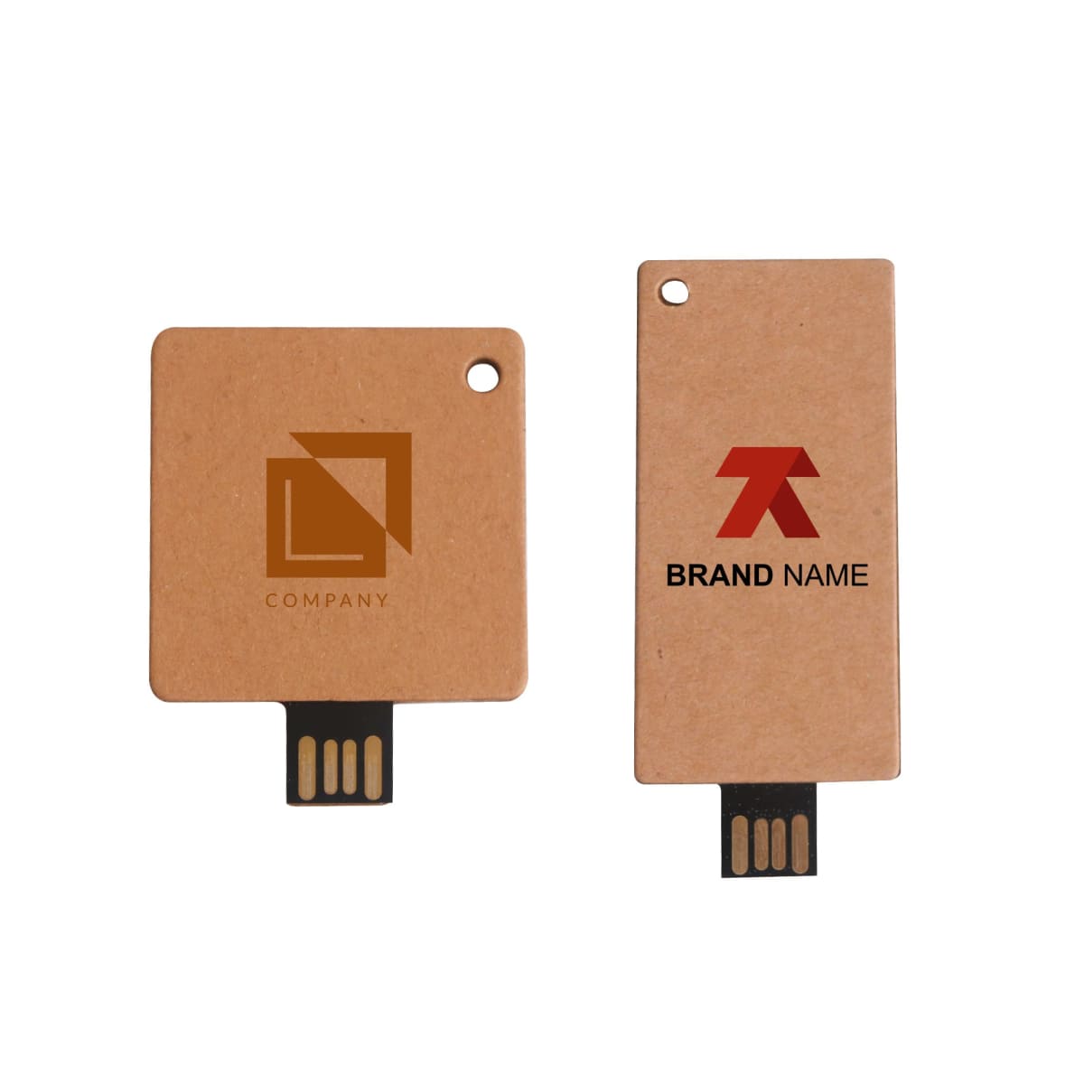 Two flat, rectangular USB drives with different logos on them.