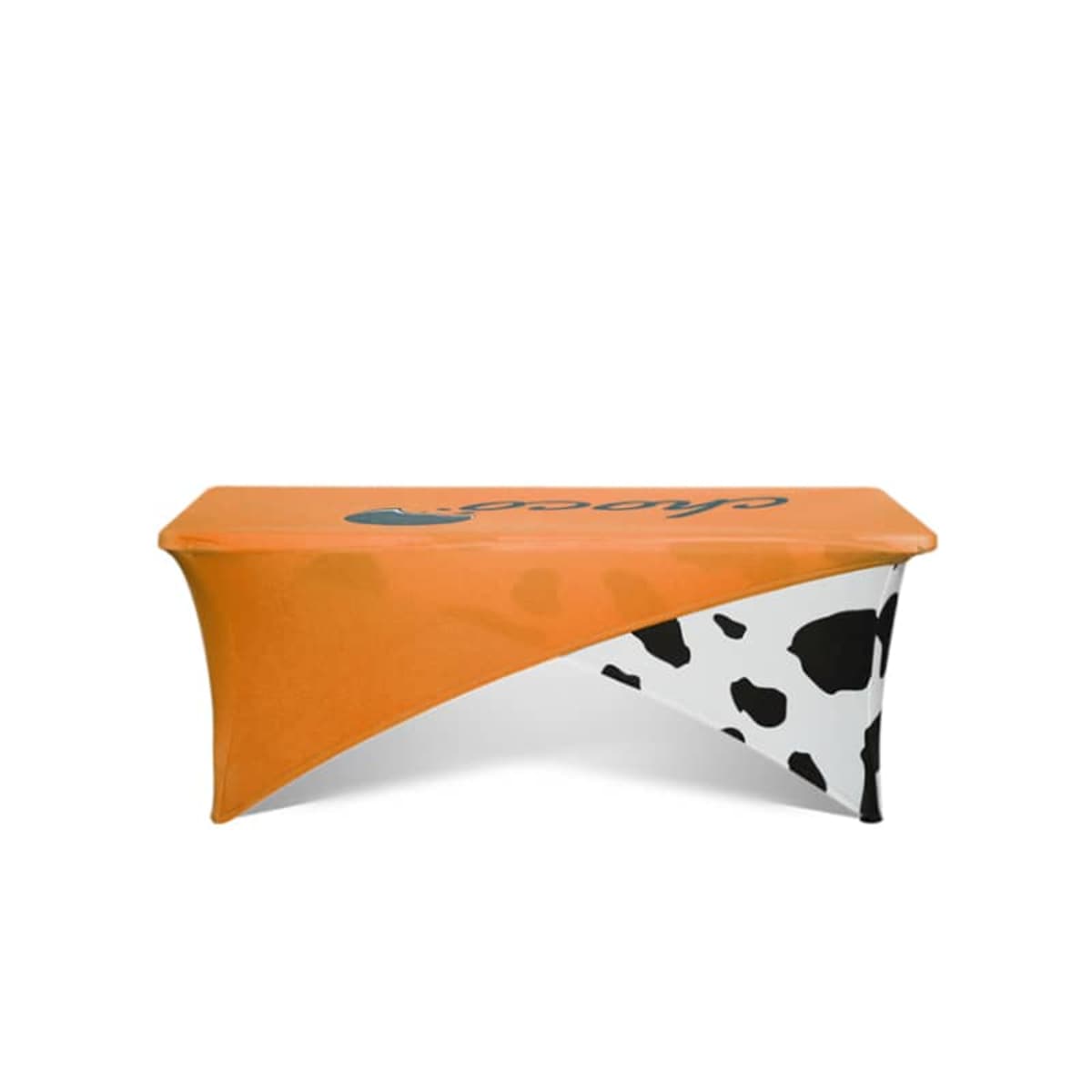 Orange table cover with cow pattern on white, featuring a logo.