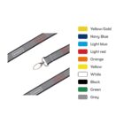 Gray lanyard with a silver clasp keyring. Two close-up views of the lanyard are shown. A color chart on the right lists colors: Yellow/Gold, Navy Blue, Light Blue, Light Red, Orange, Yellow, White, Black, Green, and Grey.