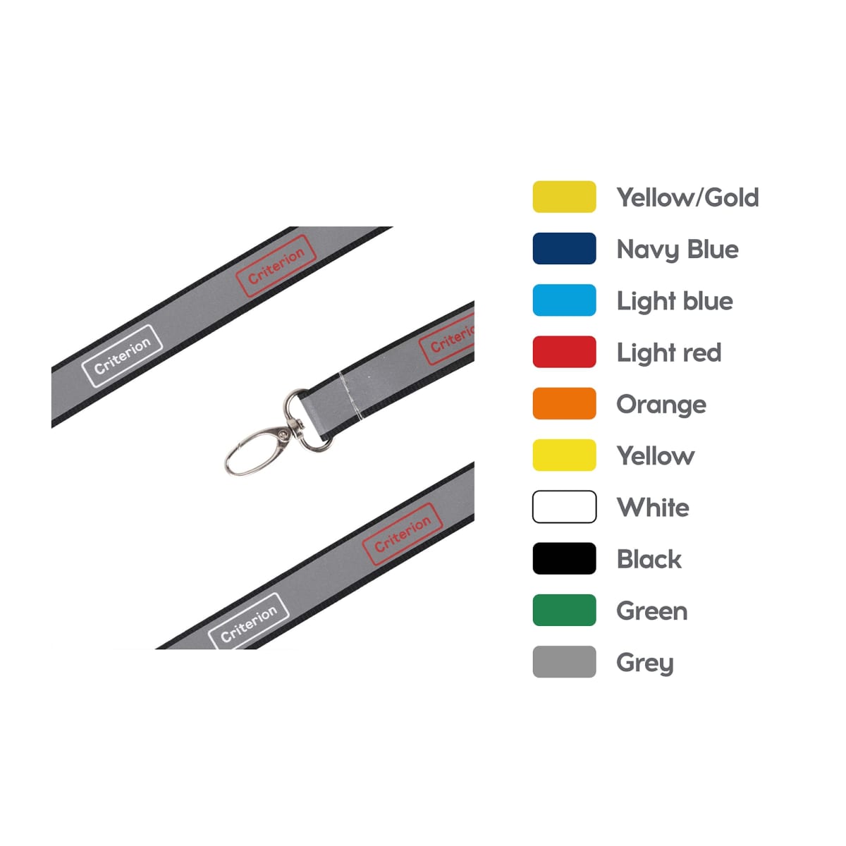 Gray lanyard with a silver clasp keyring. Two close-up views of the lanyard are shown. A color chart on the right lists colors: Yellow/Gold, Navy Blue, Light Blue, Light Red, Orange, Yellow, White, Black, Green, and Grey.