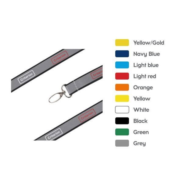 Gray lanyard with a metal clip, featuring a rectangular label with text. Beside it, a color chart shows options: Yellow/Gold, Navy Blue, Light Blue, Light Red, Orange, Yellow, White, Black, Green, and Grey, each with corresponding color swatches.