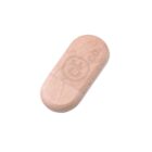 Oval wooden object with a branded logo on a white background.