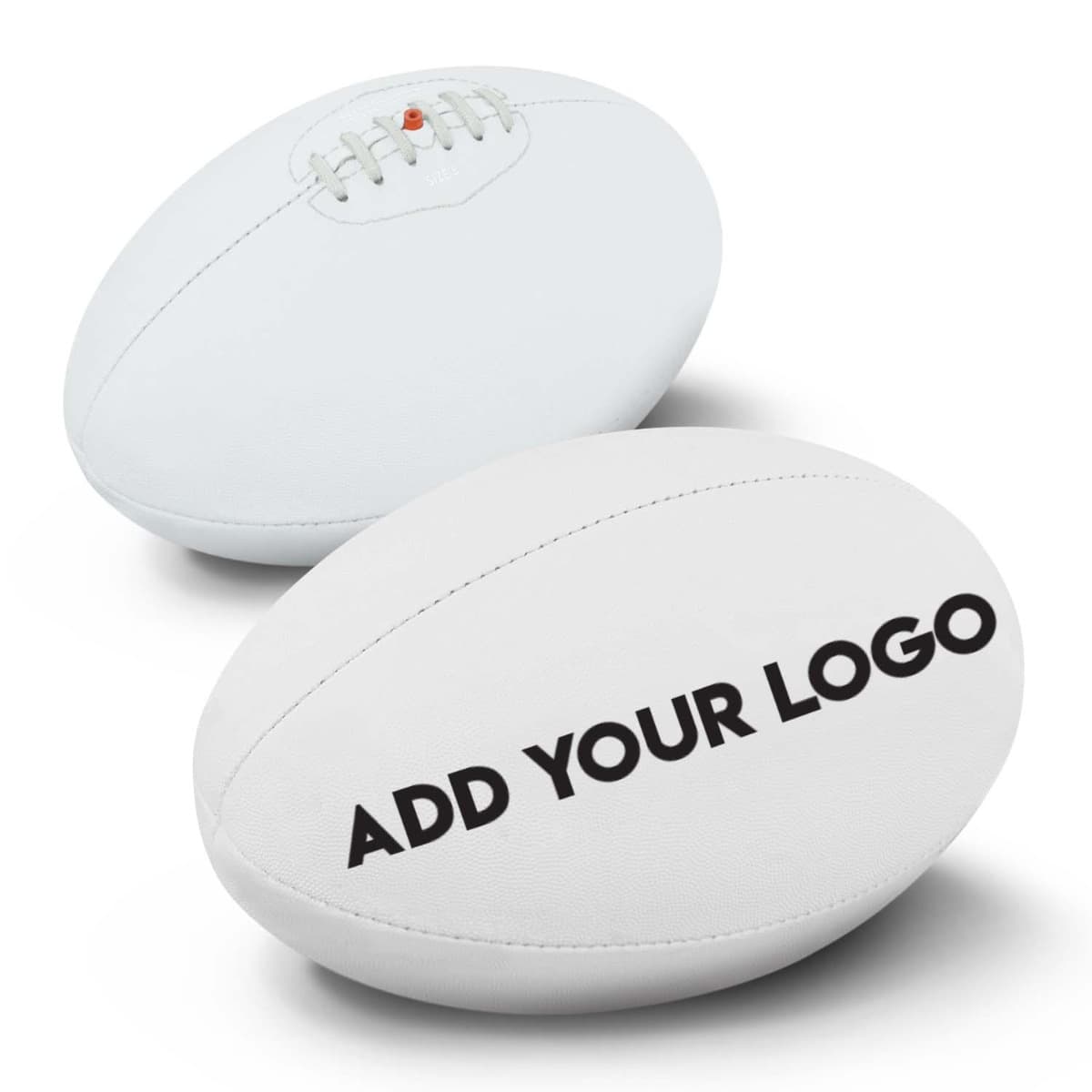 Two white rugby balls are shown. One ball is angled to display a section resembling laces. The other ball, facing forward, has the text ADD YOUR LOGO printed in bold black letters on its surface.
