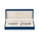 A silver pen in a beige velvet-lined case with a blue exterior. The word Waterman is printed in gold inside the case.