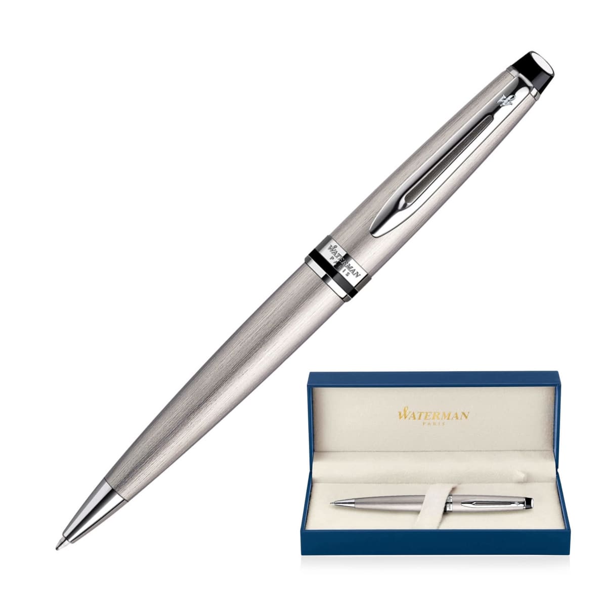 A sleek silver ballpoint pen with polished accents is displayed. Below it, a blue box with a white interior shows the pen resting inside. The box is labeled WATERMAN.