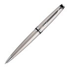A sleek, metallic silver ballpoint pen with a shiny chrome finish. It features a black clip and band near the top, and the pen is angled diagonally on a plain white background.