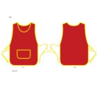 Illustration of a red apron with yellow trim. The front view shows a pocket on the lower half, while the back view is plain. Ties are visible on both sides. Labels indicate Front, Back, and dimensions of 85cm x 70cm.