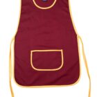 A maroon apron with a yellow border and ties. It has a single front pocket outlined in yellow. The design is simple, with rounded edges and a sleeveless style.