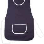 A navy blue apron with white trim and a front pocket. The apron has tie strings on the sides and no visible fasteners or closures.