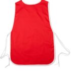 Red apron with white trim and tie strings is lying flat. The apron is sleeveless and appears simple in design.