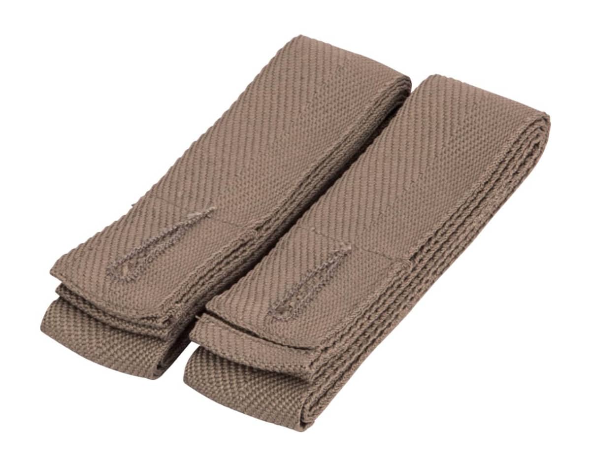 Two folded brown straps with stitched detailing, placed side by side on a white background.