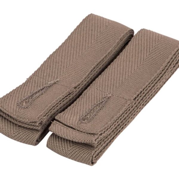 Two folded brown canvas straps with stitched ends, placed side by side against a white background. The material appears durable and texture is visible.