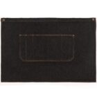 A rectangular, dark denim wall organizer with a large pocket stitched in the center. The pocket has orange stitching and is divided into sections. The corners have metal rivets for mounting.