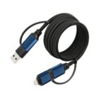 Coiled black USB charging cable with blue connectors on both ends.