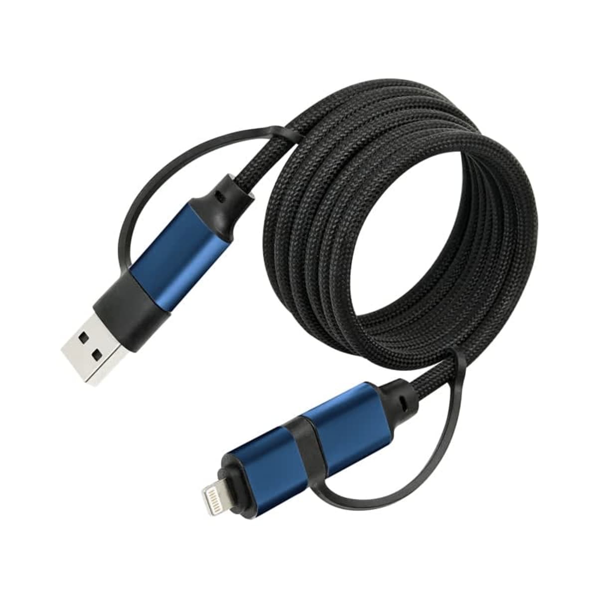 Coiled black USB charging cable with blue connectors on both ends.
