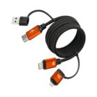 Coiled black multi-charging cable with USB, USB-C, and Lightning connectors.