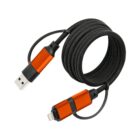 Orange and black coiled USB to Lightning cable on white background.