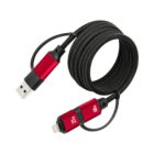 Red and black braided charging cable with a twisted design.