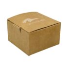 Brown cardboard box with a logo on the lid.
