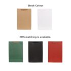 Five colored paper bags: brown, white, green, black, red; labeled stock color and PMS available.