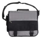 A gray and black messenger bag with a shoulder strap and top handle. The front features a zippered pocket and two buckle closures. The design is simple and functional, suitable for carrying books or a laptop.