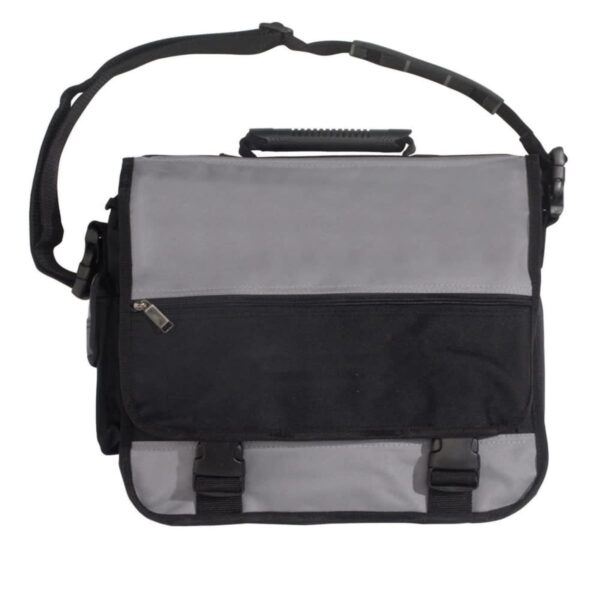 A gray and black messenger bag with a shoulder strap, two buckle closures, and a front zippered pocket. The bag has a rectangular shape and a handle on top.