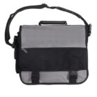 A gray and black messenger bag with a shoulder strap and handle. It has a top flap secured by two buckles and a zippered pocket on the front. The design is simple and utilitarian.
