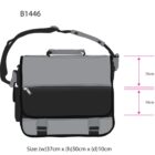 Illustration of a gray and black messenger bag with a shoulder strap. The bag has a flap with buckles, zippers on the sides, and measurements labeled: width 37cm, height 30cm, depth 10cm. Arrows indicate a front pocket depth of 15cm and height of 10cm.
