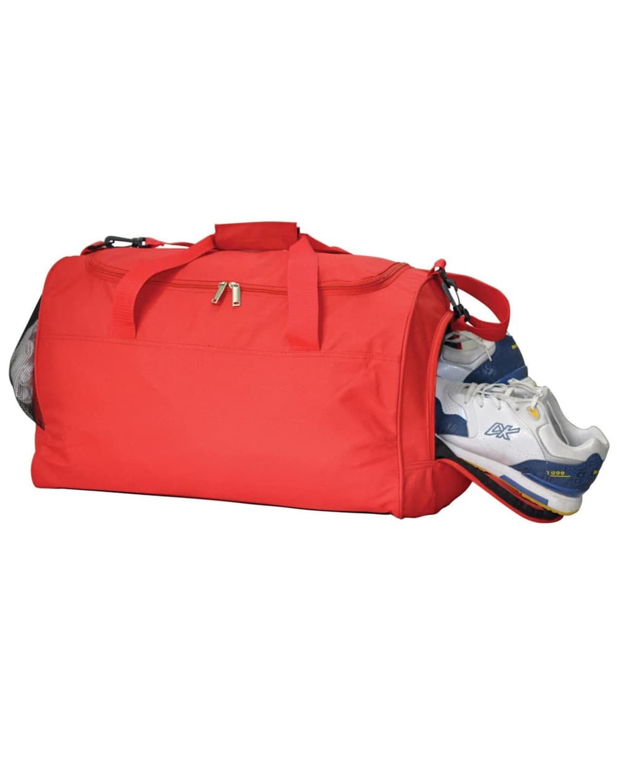 A red duffel bag with a side pocket containing a pair of white and blue athletic shoes. The main section of the bag is zippered, and it has two carrying handles and a shoulder strap.