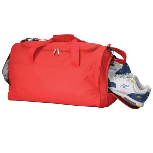 A red duffel bag with a handle and shoulder strap is shown. On the right side, a pocket is open, revealing a pair of white and blue sneakers. The bag has a zipper pocket on the front.