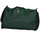 A dark green duffel bag with a zippered top, two handles, and a side mesh pocket.