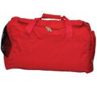 A red duffel bag with two handles and a zippered closure. The bag has a side mesh pocket on the left and a smaller zippered compartment on the right. The design is simple and functional.