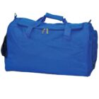 A large blue duffel bag with a zippered top and side compartments. It has two handles and an adjustable shoulder strap. The material appears to be polyester, and there is a mesh pocket on one side.